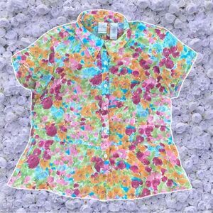 Vintage Sheer Top Floral Blouse Vibrant Print Artsy Dopamine Dressing Rainbow
